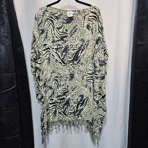 Womens Animal Print Tunic Cover Up Top Sequins Fringe Beaded Boho Artsy Kimono